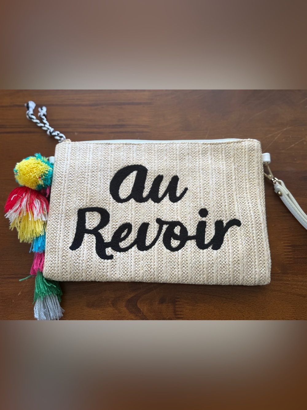 Melie Bianco Cream Knit Zip Pouch with Black Script